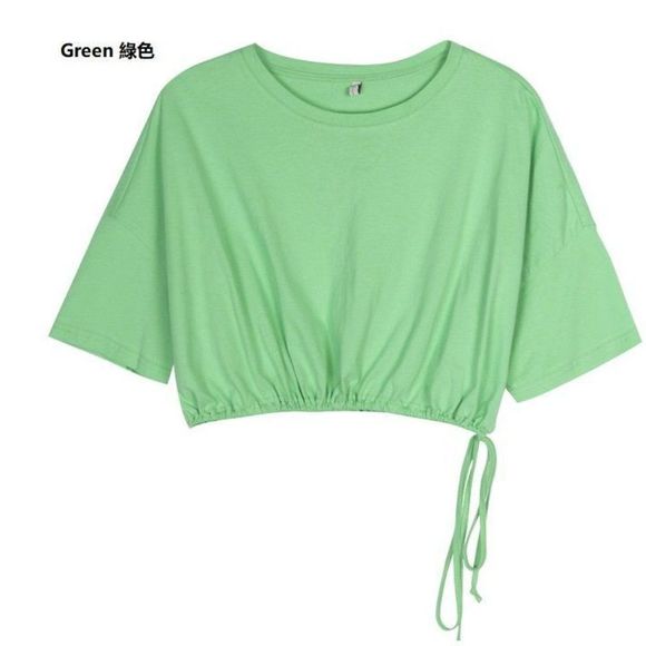 Green Cropped  Drawstring Short-Sleeve Top - Picture 9 of 9